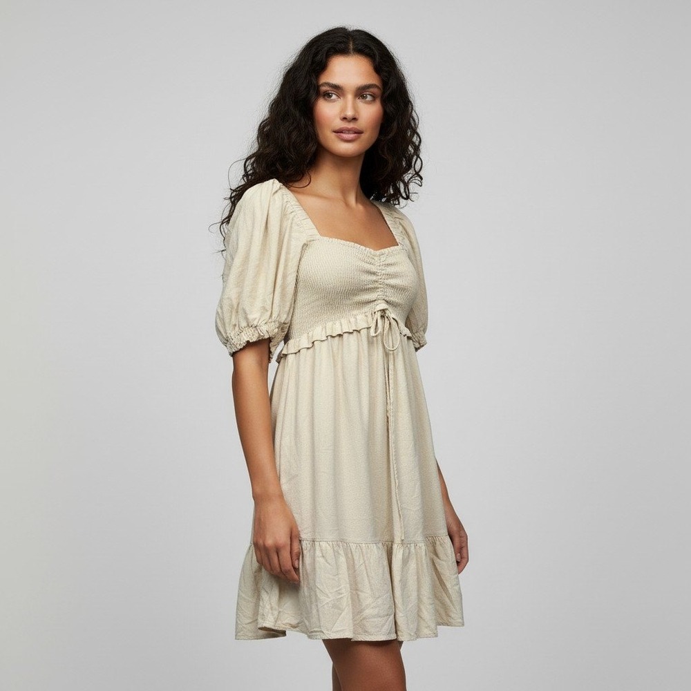 Farm Rio Beige Linen Blend Smocked Puff Sleeve Mini Dress Size P Small